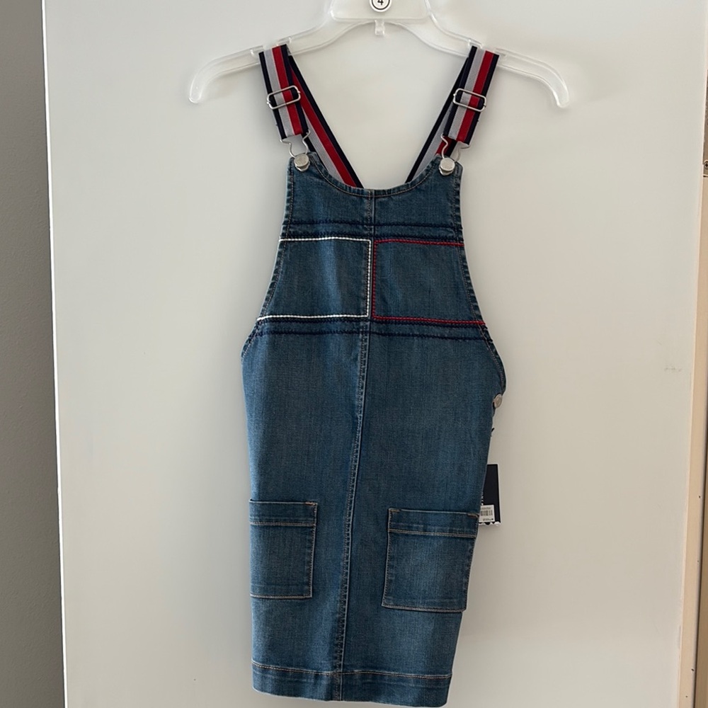 Denim Overall Dress with Striped Straps